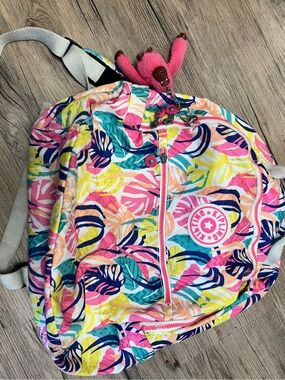 Kipling Tropical Leaf Print Backpack in Pink, Teal, Yellow and Navy